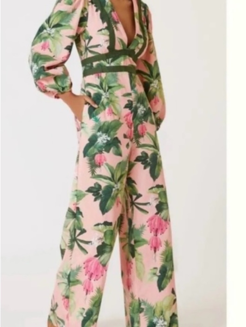 FARM Rio for Anthropologie Tropical Palm Pink Banana Wideleg Jumpsuit
